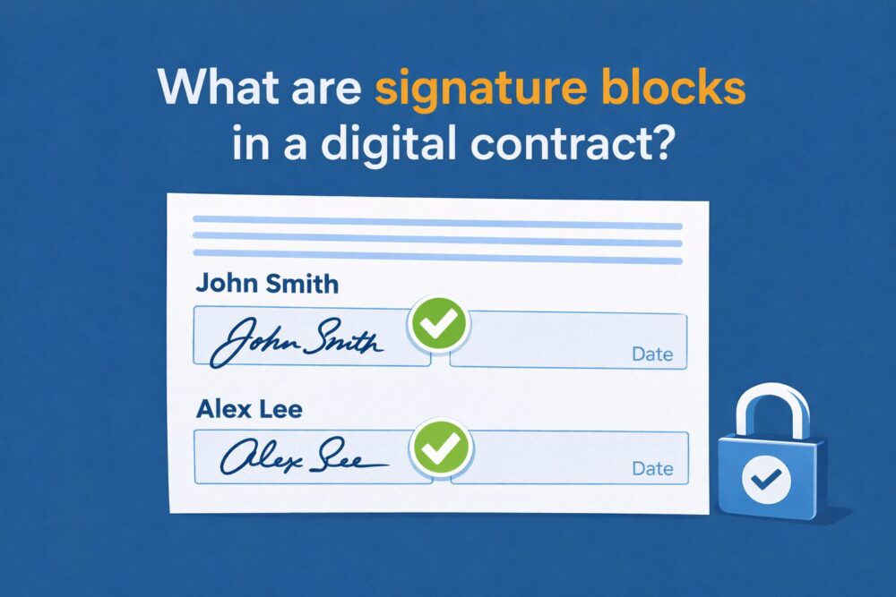 What are signature blocks in a digital contract?