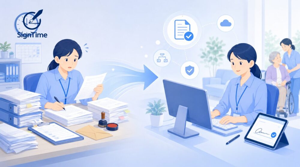 介護施設の契約業務、1件にどれだけ時間がかかる？電子契約「サインタイム」との所要時間を徹底比較