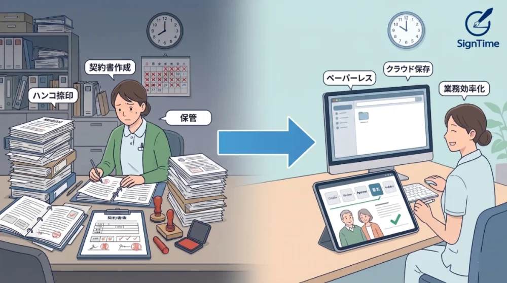 介護施設の契約業務、1件にどれだけ時間がかかる？電子契約「サインタイム」との所要時間を徹底比較