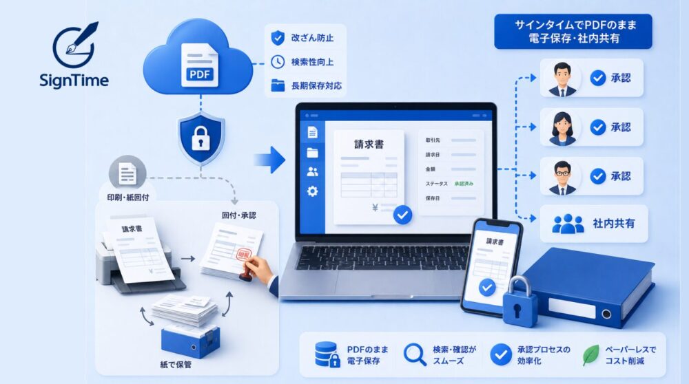 【電帳法対応】電子請求書を印刷して回付してない?サインタイムでPDFのまま電子保存・社内共有する方法